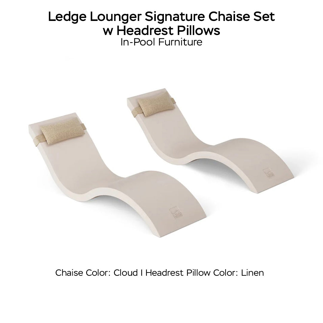 Ledge Lounger Signature Chaise Set w Headrest Pillows - Color Cloud - Pillow Linen - In-Pool Furniture - Majestic Fountains