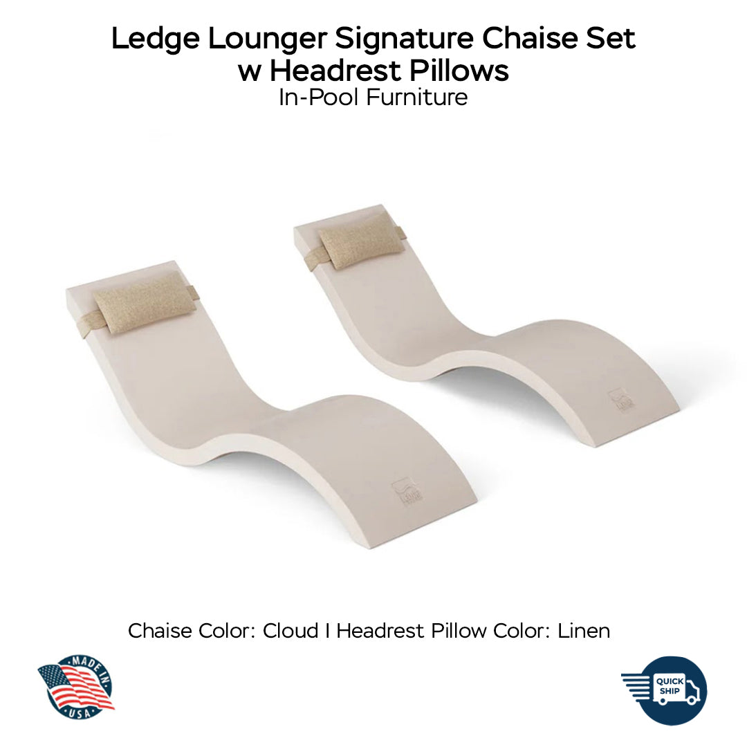 QUICKSHIP Ledge Lounger Signature Chaise Set w Headrest Pillows - Color Cloud - Pillow Linen - In-Pool Furniture - Majestic Fountains