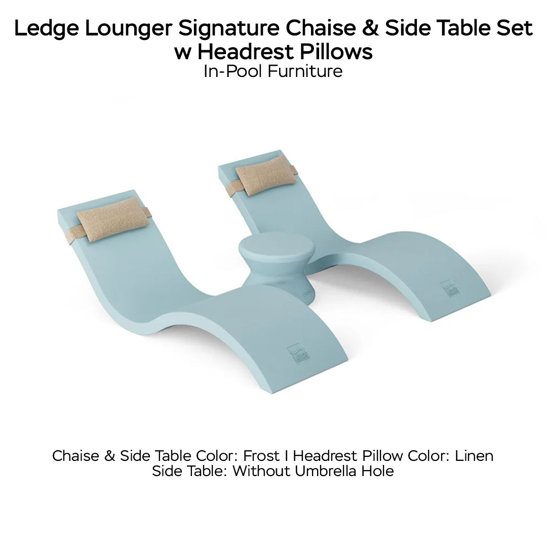 Ledge Lounger Signature Chaise & Side Table Set w Headrest Pillows Color Frost -  Side Table Without Umbrella Hole - Headrest Pillow Color Linen - In-Pool Furniture - Majestic Fountains