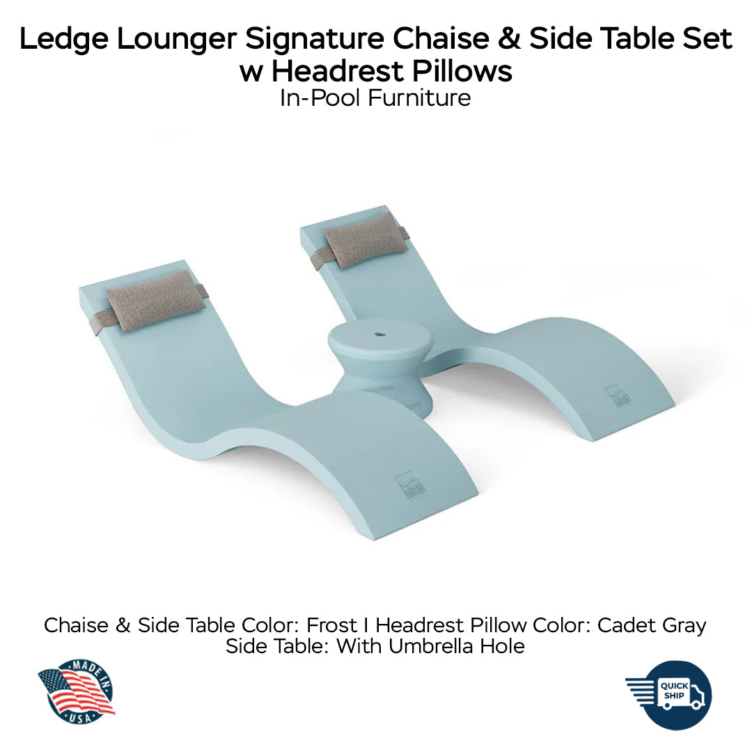 QUICKSHIP Ledge Lounger Signature Chaise & Side Table Set w Headrest Pillows Color Frost -  Side Table With Umbrella Hole - Headrest Pillow Color Cadet Gray - In-Pool Furniture - Majestic Fountains