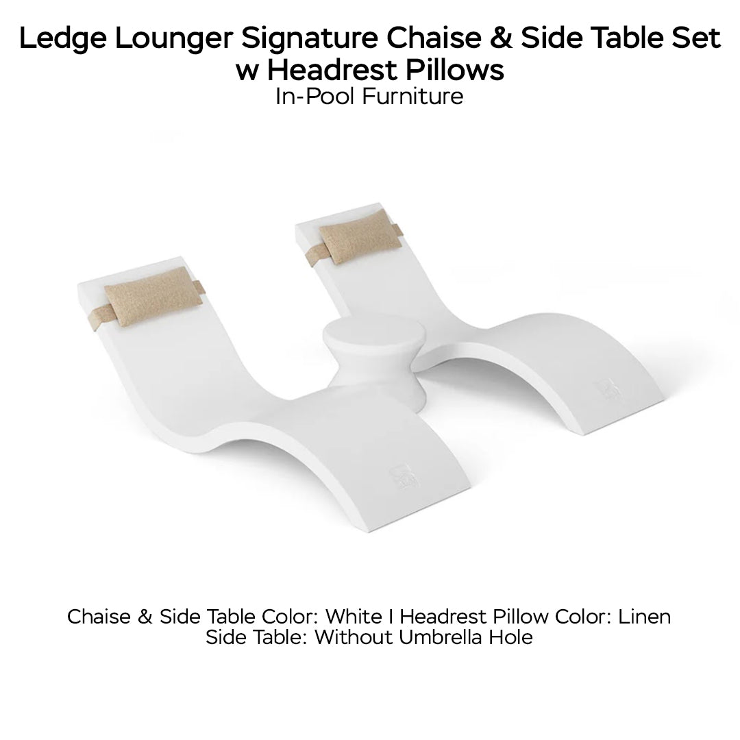 Ledge Lounger Signature Chaise & Side Table Set w Headrest Pillows Color White -  Side Table Without Umbrella Hole - Headrest Pillow Color Linen - In-Pool Furniture - Majestic Fountains