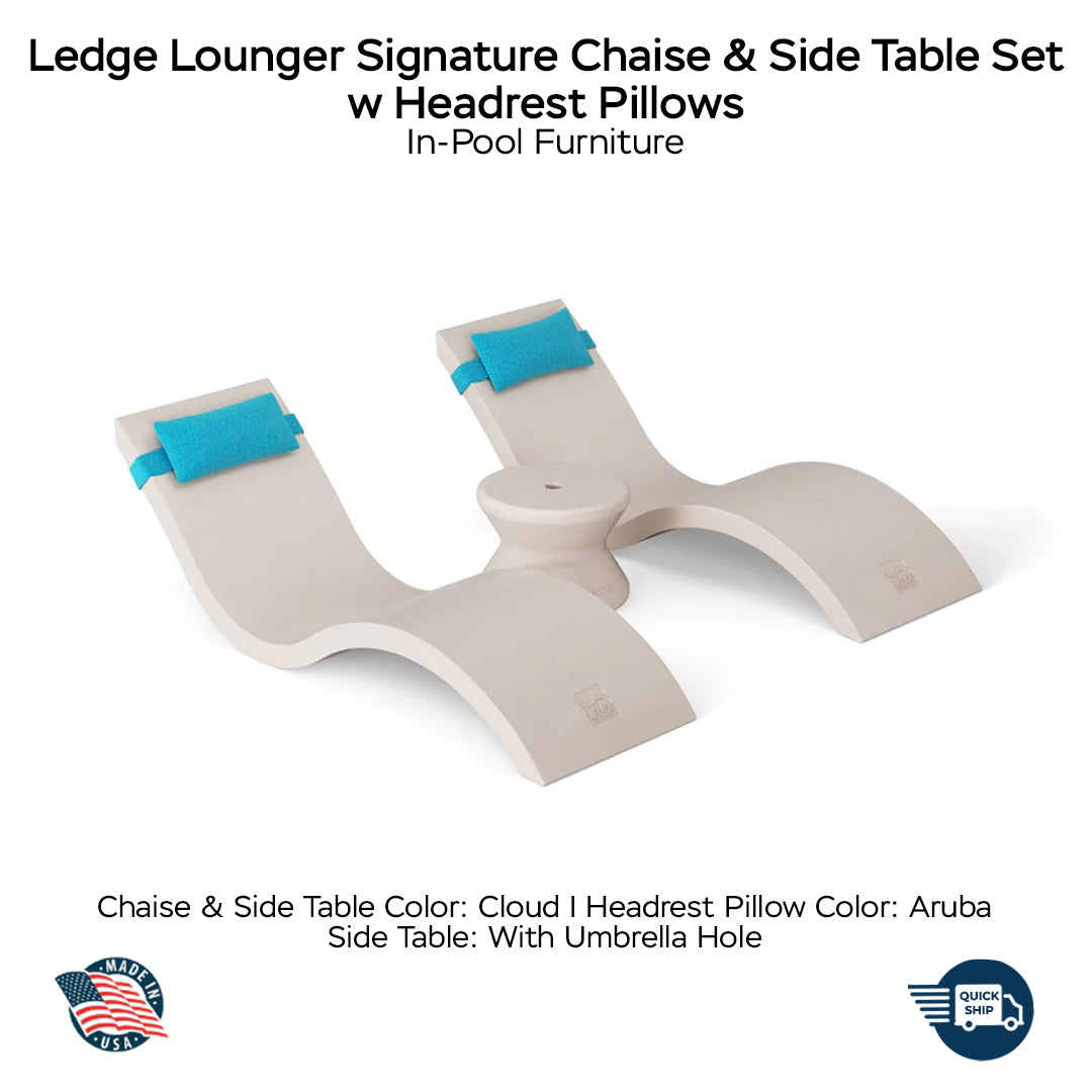 QUICKSHIP Ledge Lounger Signature Chaise & Side Table Set w Headrest Pillows Color Cloud -  Side Table With Umbrella Hole - Headrest Pillow Color Aruba - In-Pool Furniture - Majestic Fountains