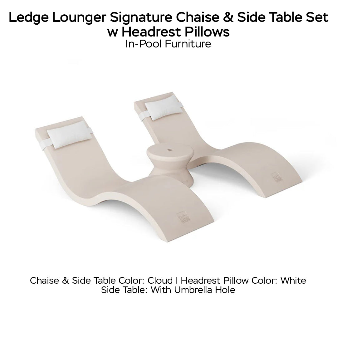 Ledge Lounger Signature Chaise & Side Table Set w Headrest Pillows Color White -  Side Table With Umbrella Hole - Headrest Pillow Color White - In-Pool Furniture - Majestic Fountains