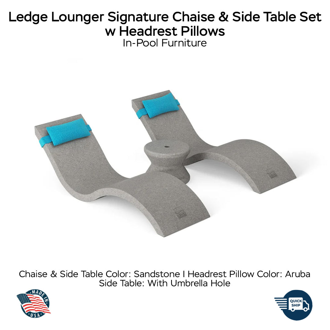 QUICKSHIP Ledge Lounger Signature Chaise & Side Table Set w Headrest Pillows Color Sandstone  -  Side Table With Umbrella Hole - Headrest Pillow Color Aruba - In-Pool Furniture - Majestic Fountains