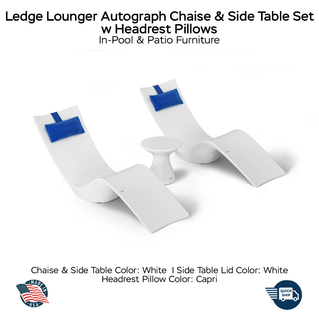 QUICKSHIP Ledge Lounger Autograph Chaise & Side Table Set w Headrest Pillows - Color White - Table Lid White - Pillow Capri - In-Pool & Patio Furniture - Majestic Fountains