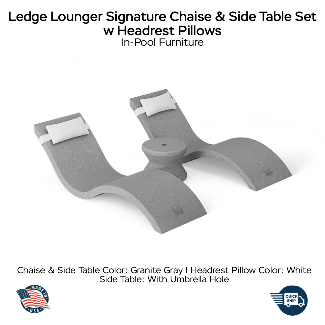 QUICKSHIP Ledge Lounger Signature Chaise & Side Table Set w Headrest Pillows Color Granite Gray -  Side Table With Umbrella Hole - Headrest Pillow Color White - In-Pool Furniture - Majestic Fountains