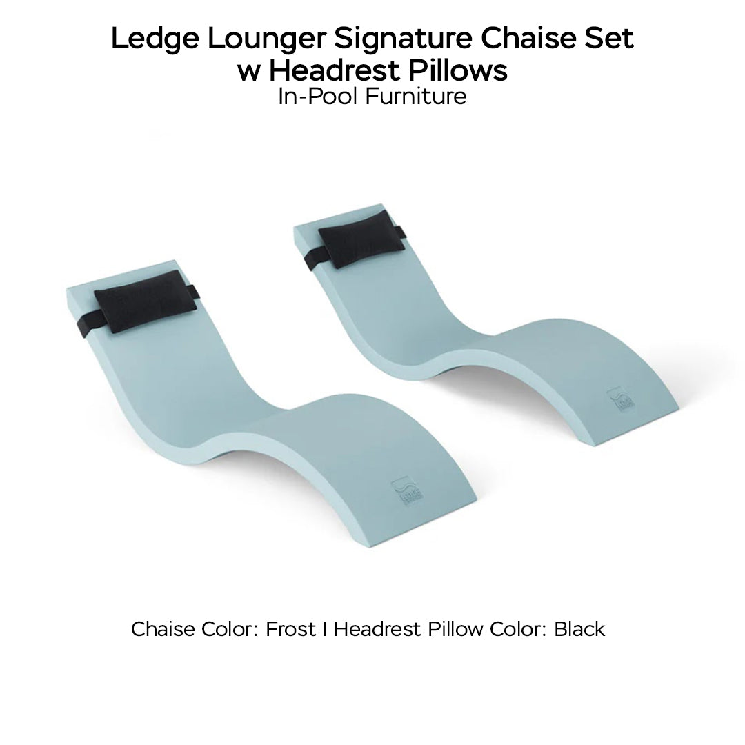 Ledge Lounger Signature Chaise Set w Headrest Pillows - Color Frost - Pillow Black - In-Pool Furniture - Majestic Fountains