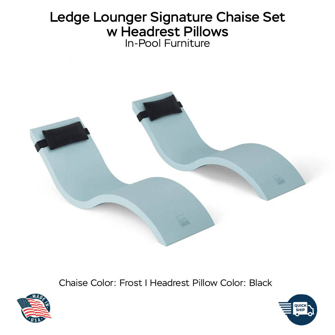 QUICKSHIP Ledge Lounger Signature Chaise Set w Headrest Pillows - Color Frost - Pillow Black - In-Pool Furniture - Majestic Fountains