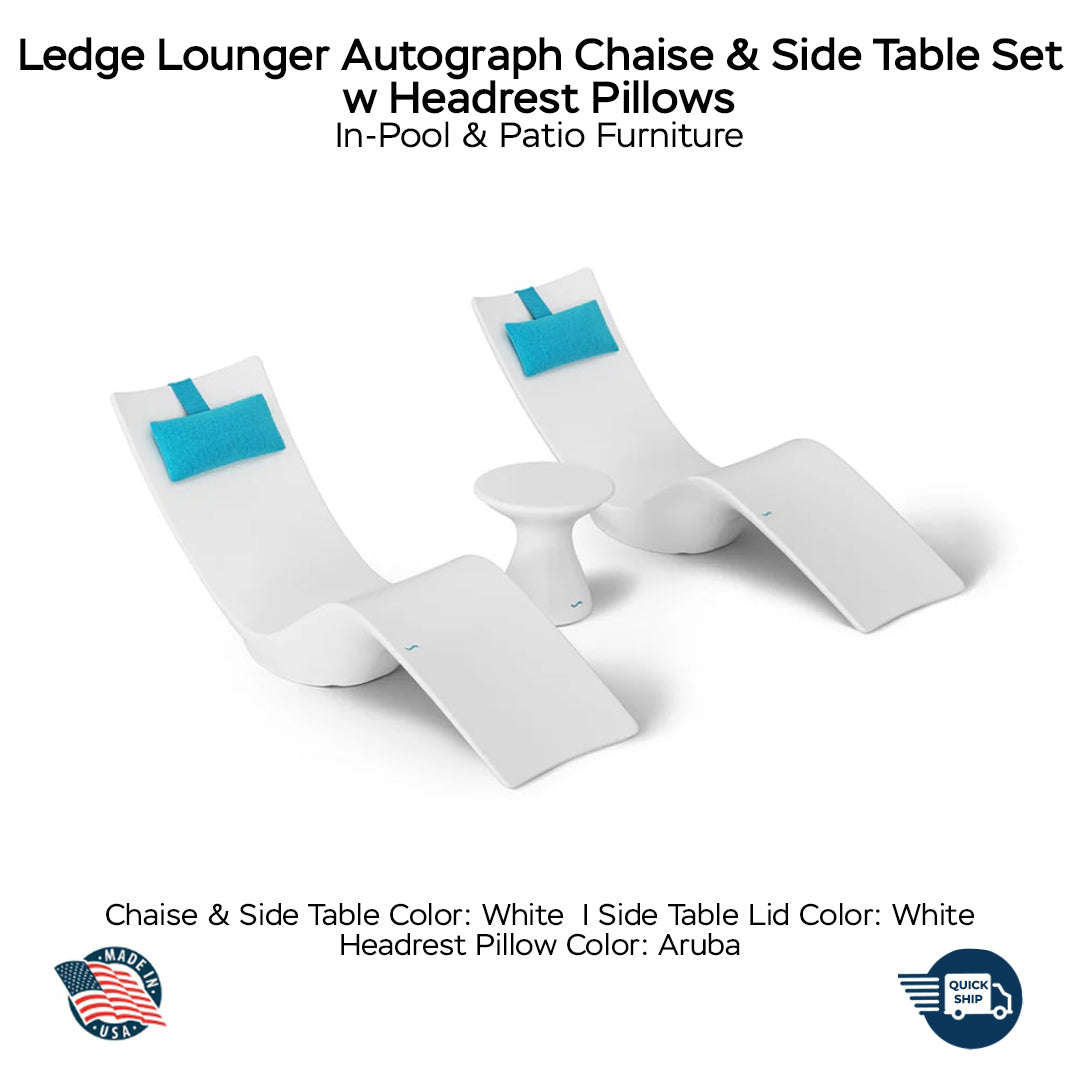 QUICKSHIP Ledge Lounger Autograph Chaise & Side Table Set w Headrest Pillows - Color White - Table Lid White - Pillow Aruba - In-Pool & Patio Furniture - Majestic Fountains