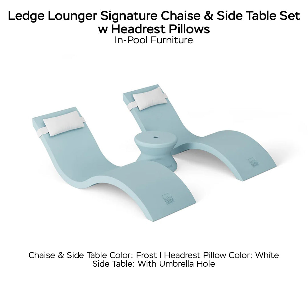 Ledge Lounger Signature Chaise & Side Table Set w Headrest Pillows Color Frost -  Side Table With Umbrella Hole - Headrest Pillow Color White - In-Pool Furniture - Majestic Fountains