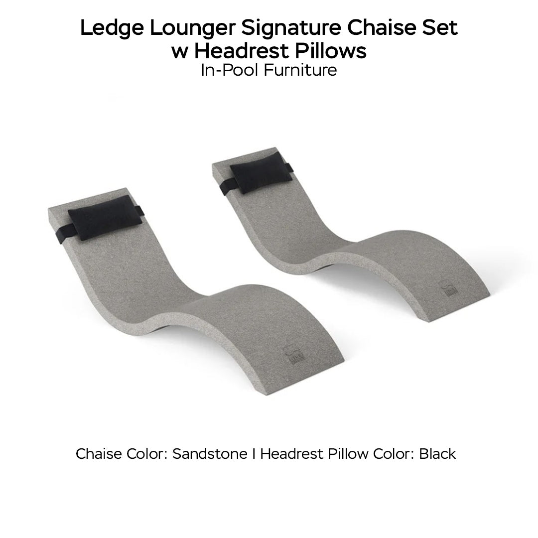 Ledge Lounger Signature Chaise Set w Headrest Pillows - Color Sandstone - Pillow Black - In-Pool Furniture - Majestic Fountains