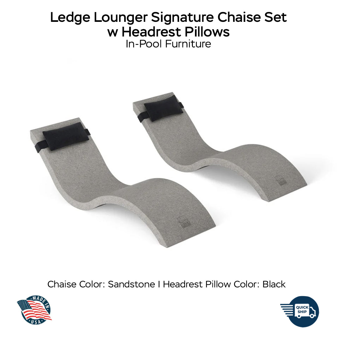 QUICKSHIP Ledge Lounger Signature Chaise Set w Headrest Pillows - Color Sandstone - Pillow Black - In-Pool Furniture - Majestic Fountains