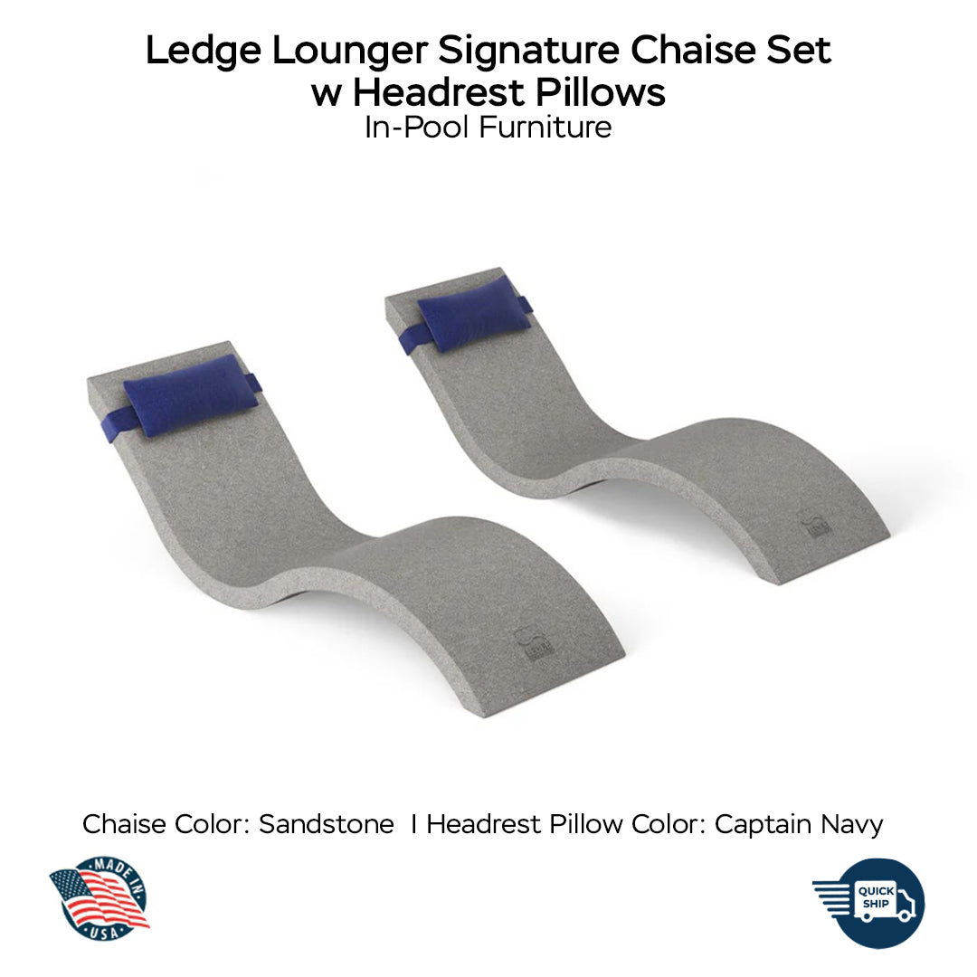 QUICKSHIP Ledge Lounger Signature Chaise Set w Headrest Pillows - Color Sandstone - Pillow Captain Navy - In-Pool Furniture - Majestic Fountains