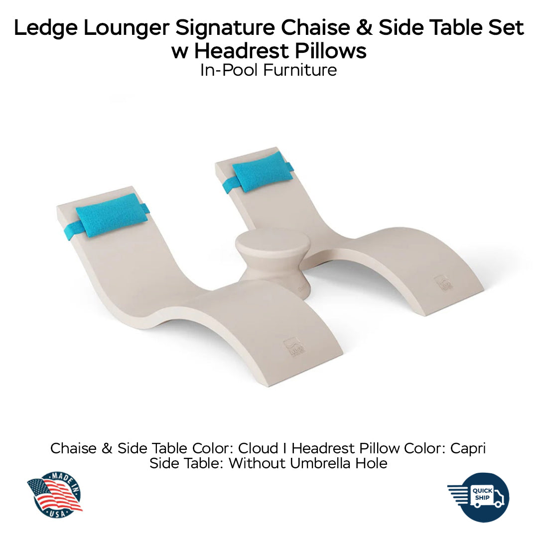 QUICKSHIP Ledge Lounger Signature Chaise & Side Table Set w Headrest Pillows Color Cloud -  Side Table Without Umbrella Hole - Headrest Pillow Color Aruba - In-Pool Furniture - Majestic Fountains