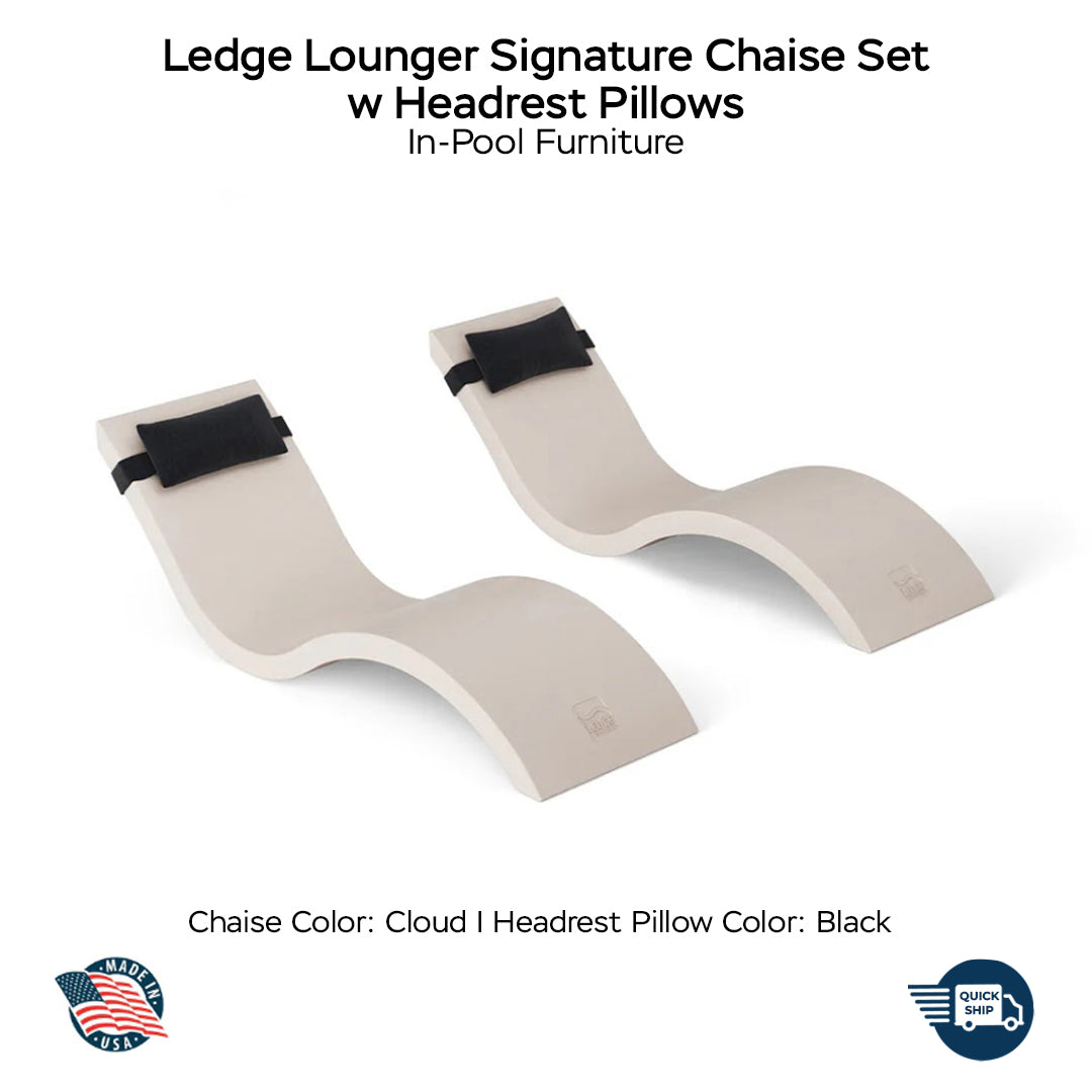 QUICKSHIP Ledge Lounger Signature Chaise Set w Headrest Pillows - Color Cloud - Pillow Black  - In-Pool Furniture - Majestic Fountains