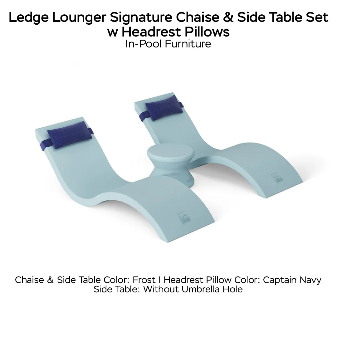 Ledge Lounger Signature Chaise & Side Table Set w Headrest Pillows Color Frost -  Side Table Without Umbrella Hole - Headrest Pillow Color Captain Navy - In-Pool Furniture - Majestic Fountains
