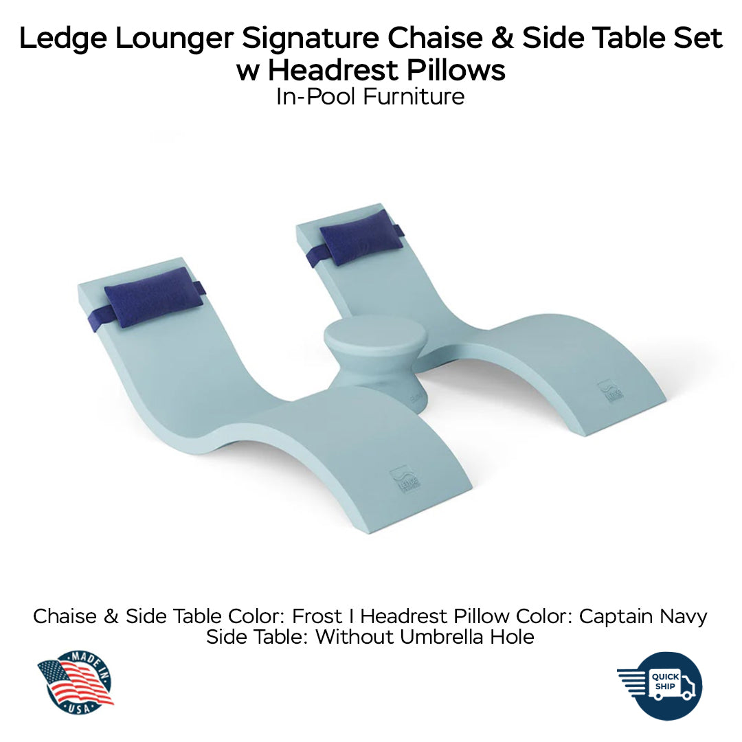 QUICKSHIP Ledge Lounger Signature Chaise & Side Table Set w Headrest Pillows Color Frost -  Side Table Without Umbrella Hole - Headrest Pillow Color Captain Navy - In-Pool Furniture - Majestic Fountains