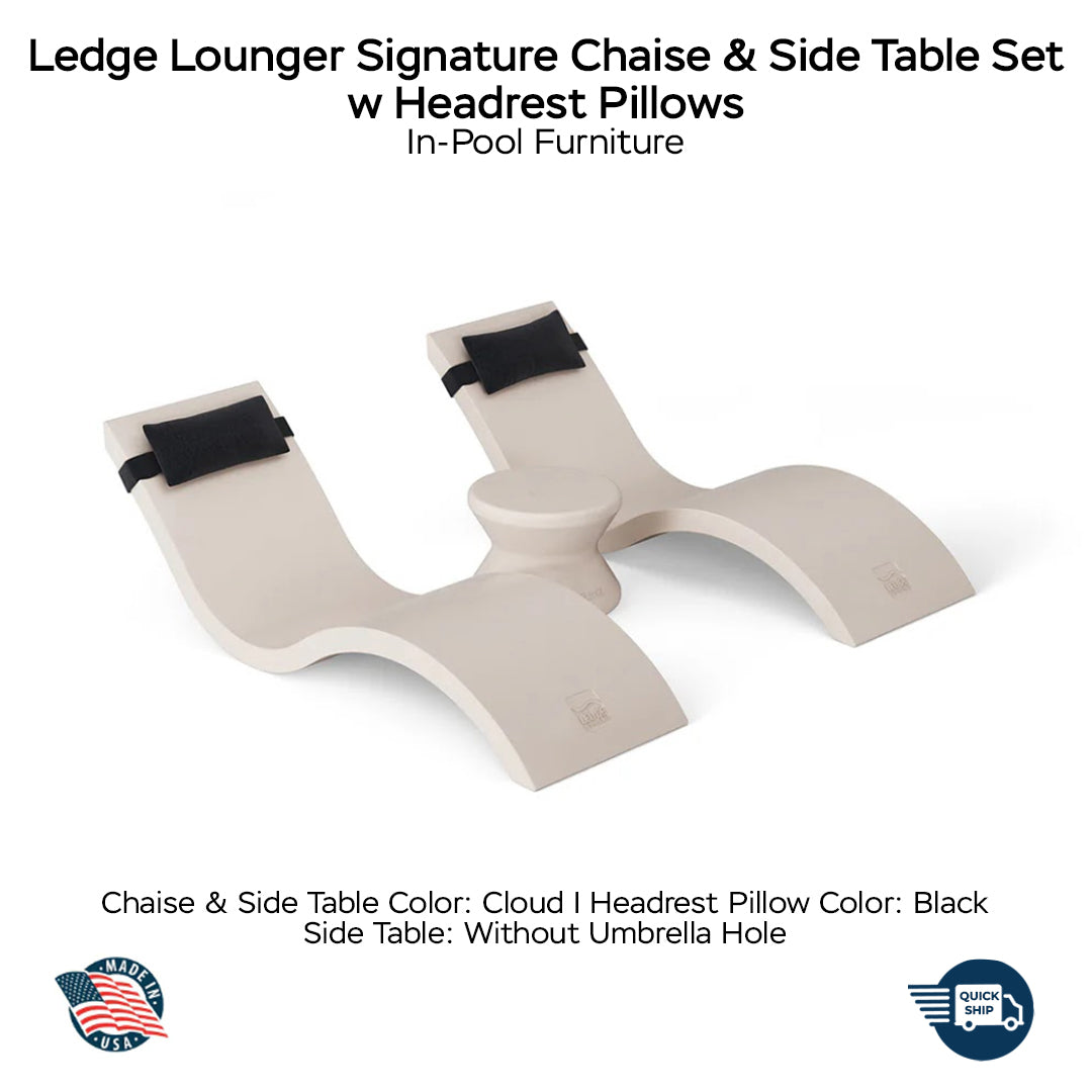 QUICKSHIP Ledge Lounger Signature Chaise & Side Table Set w Headrest Pillows Color Cloud -  Side Table Without Umbrella Hole - Headrest Pillow Color Black- In-Pool Furniture - Majestic Fountains
