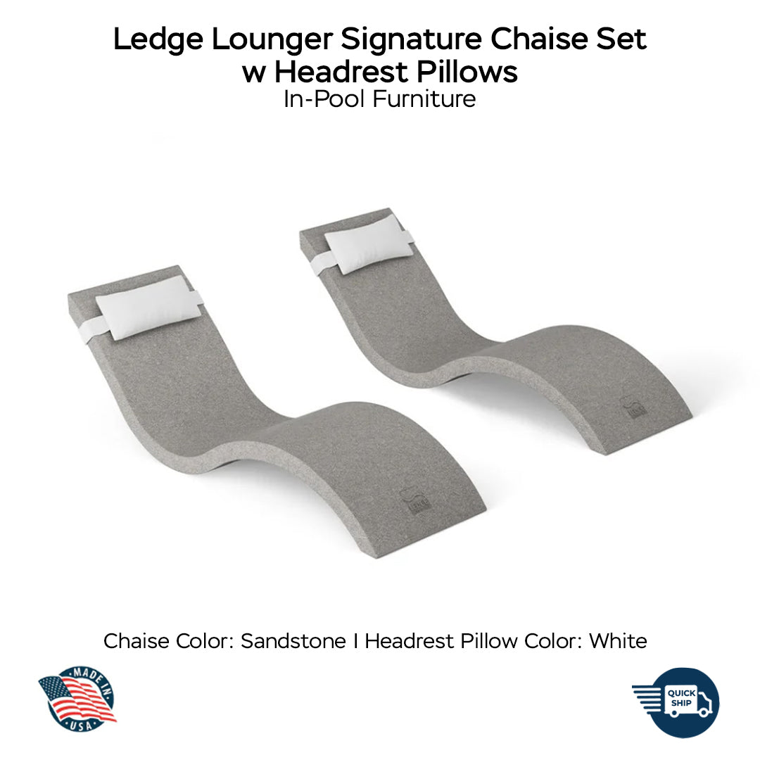 QUICKSHIP Ledge Lounger Signature Chaise Set w Headrest Pillows - Color Sandstone - Pillow White - In-Pool Furniture - Majestic Fountains