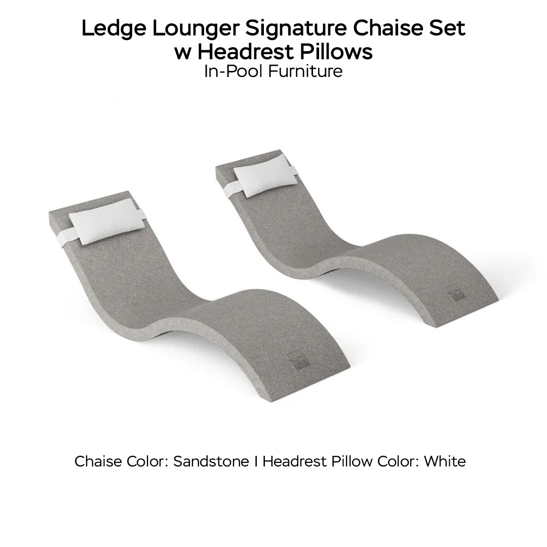 Ledge Lounger Signature Chaise Set w Headrest Pillows - Color Sandstone - Pillow White - In-Pool Furniture - Majestic Fountains