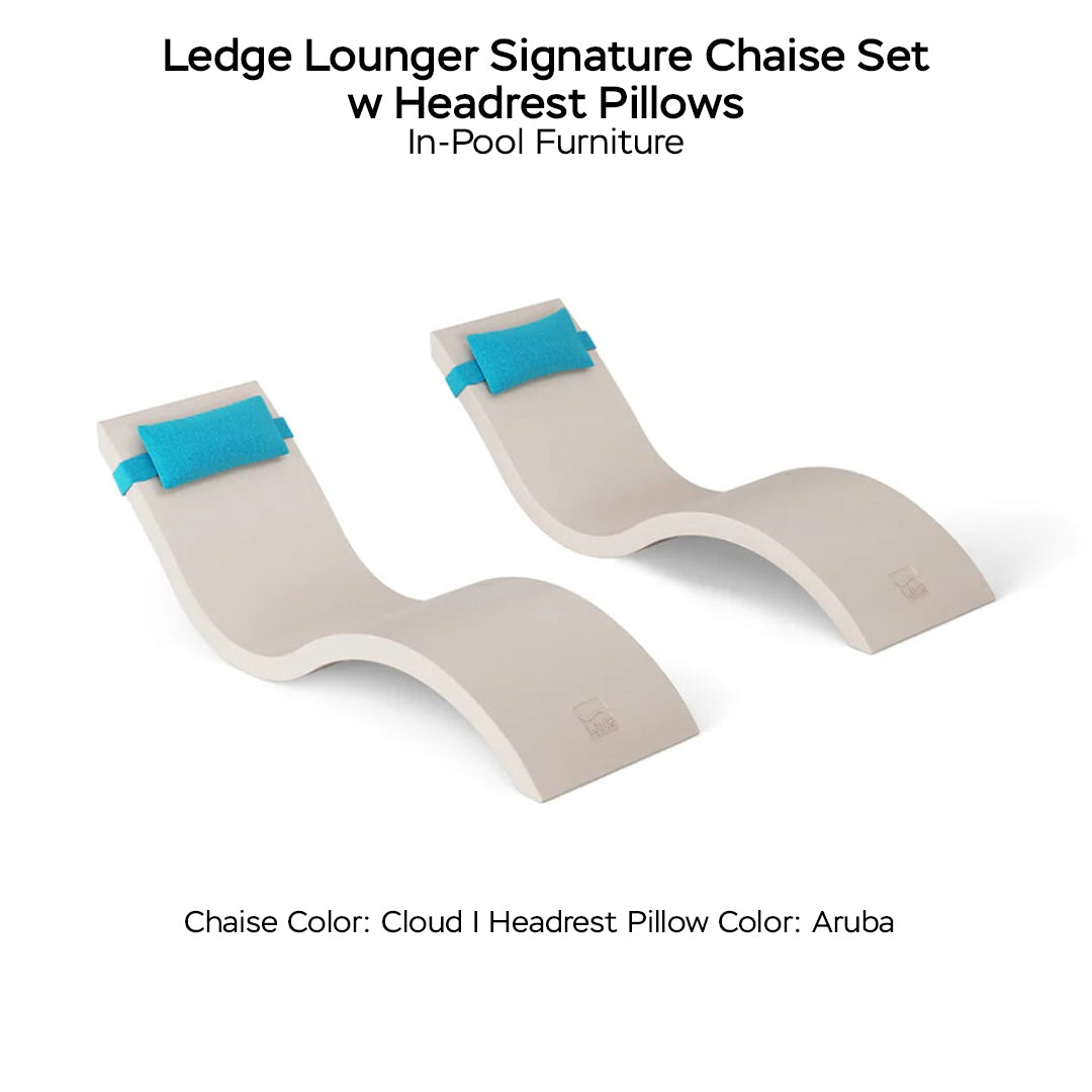 Ledge Lounger Signature Chaise Set w Headrest Pillows - Color Cloud - Pillow Aruba - In-Pool Furniture - Majestic Fountains