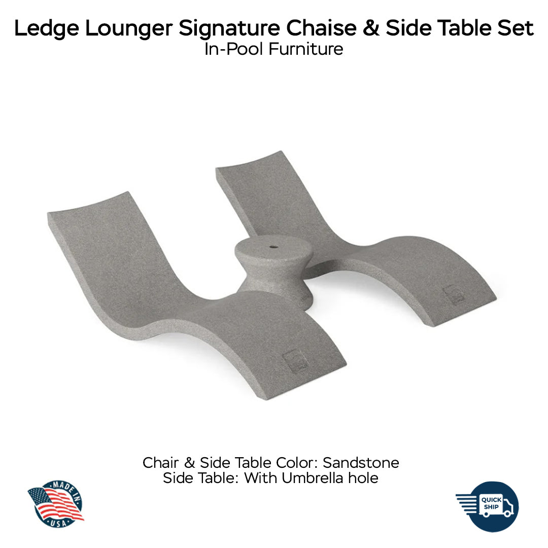 QUICKSHIP Ledge Lounger Signature Chaise & Side Table Set Color Sandstone - Side Table With Umbrella Hole - In-Pool Furniture - Majestic Fountains