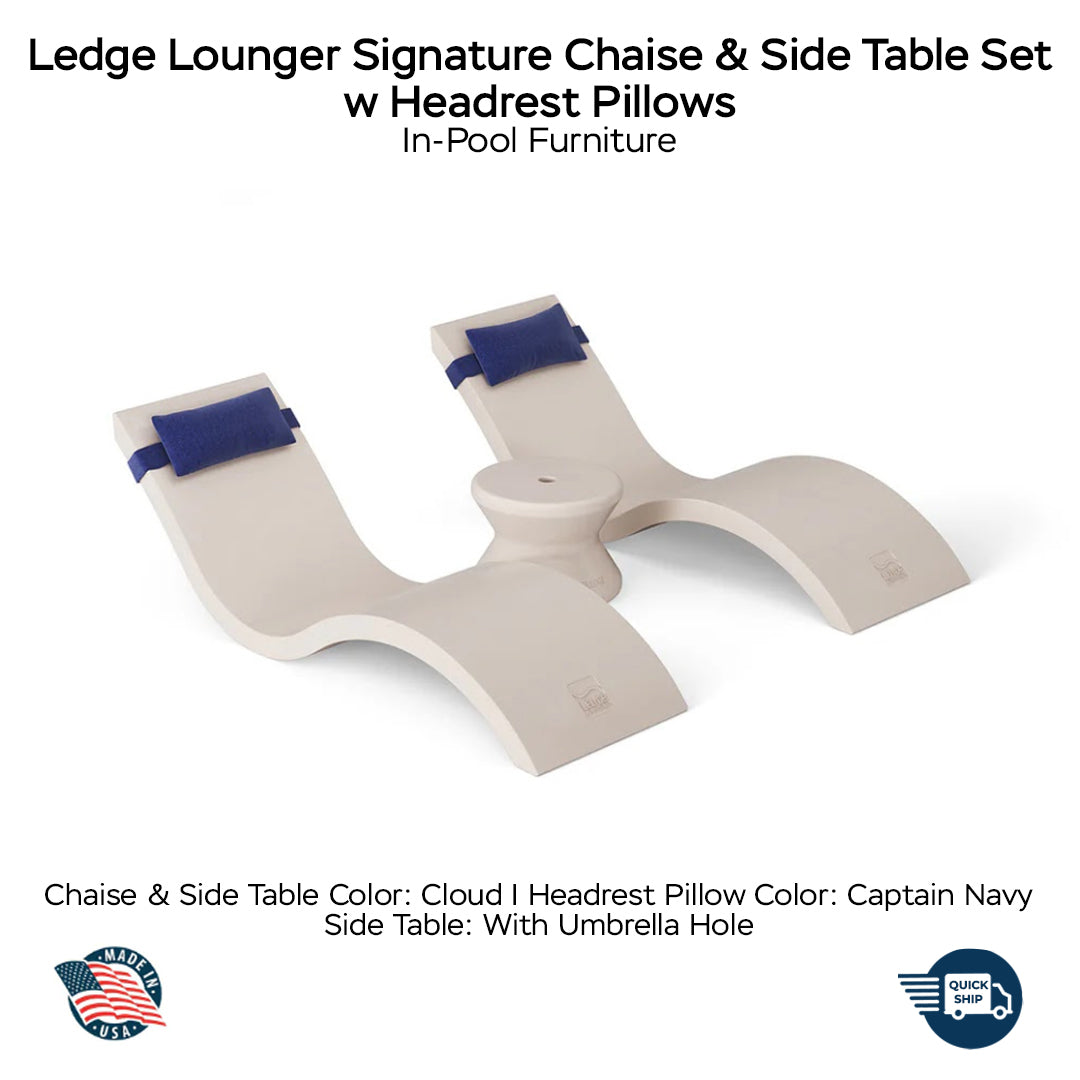 QUICKSHIP Ledge Lounger Signature Chaise & Side Table Set w Headrest Pillows Color Cloud -  Side Table With Umbrella Hole - Headrest Pillow Color Captain Navy - In-Pool Furniture - Majestic Fountains
