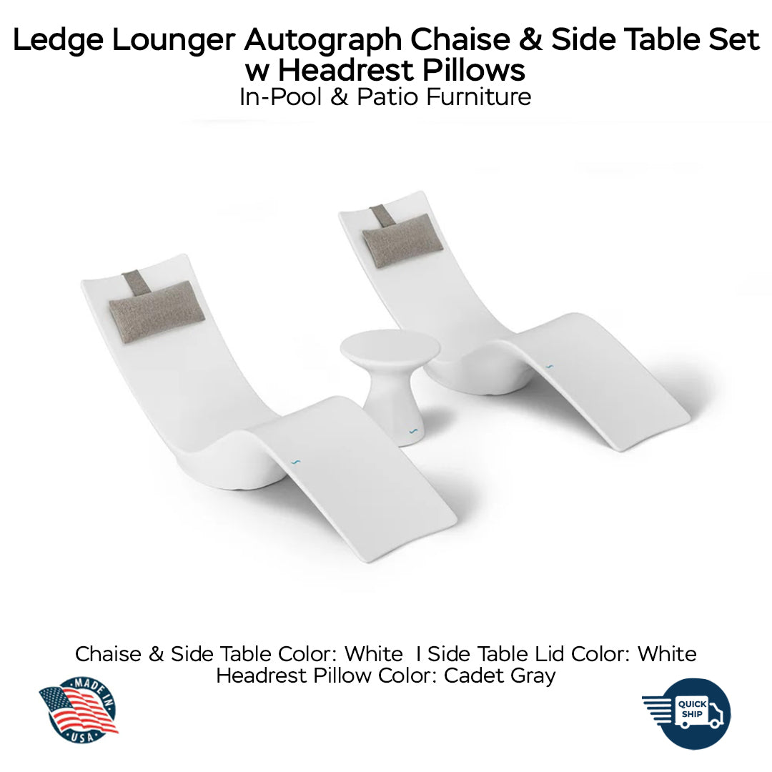 QUICKSHIP Ledge Lounger Autograph Chaise & Side Table Set w Headrest Pillows - Color White - Table Lid White - Pillow Cadet Gray - In-Pool & Patio Furniture - Majestic Fountains