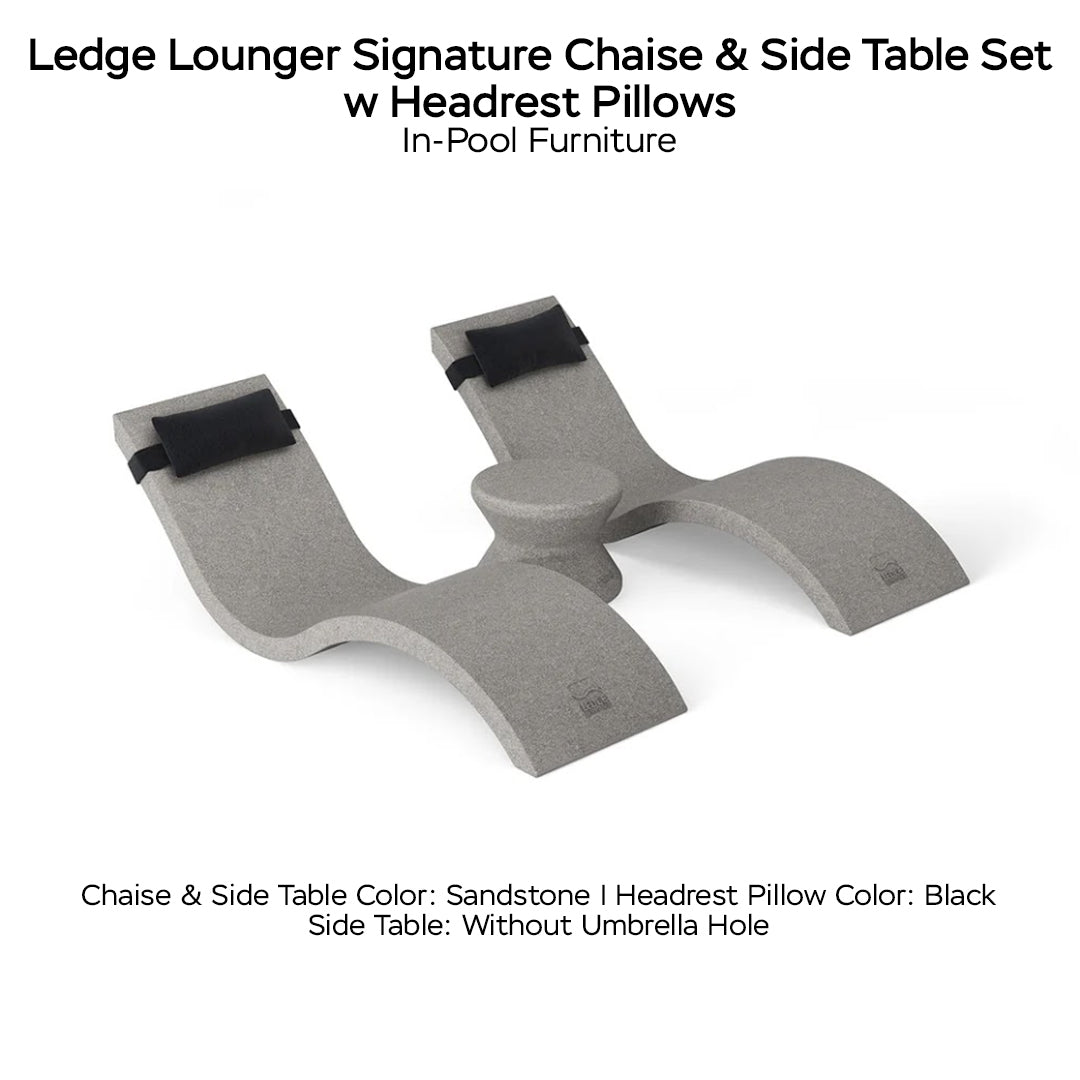 Ledge Lounger Signature Chaise & Side Table Set w Headrest Pillows Color Sandstone  -  Side Table Without Umbrella Hole - Headrest Pillow Color Black - In-Pool Furniture - Majestic 
