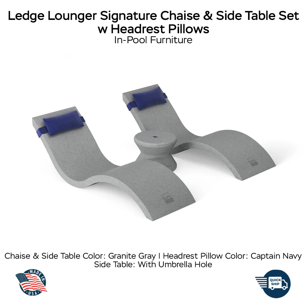 QUICKSHIP Ledge Lounger Signature Chaise & Side Table Set w Headrest Pillows Color Granite Gray -  Side Table With Umbrella Hole - Headrest Pillow Color Captain Navy - In-Pool Furniture - Majestic Fountains