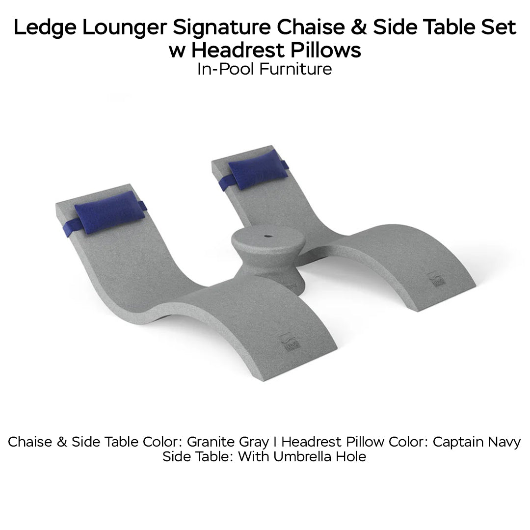 Ledge Lounger Signature Chaise & Side Table Set w Headrest Pillows Color Granite Gray -  Side Table With Umbrella Hole - Headrest Pillow Color Captain Navy  - In-Pool Furniture - Majestic 