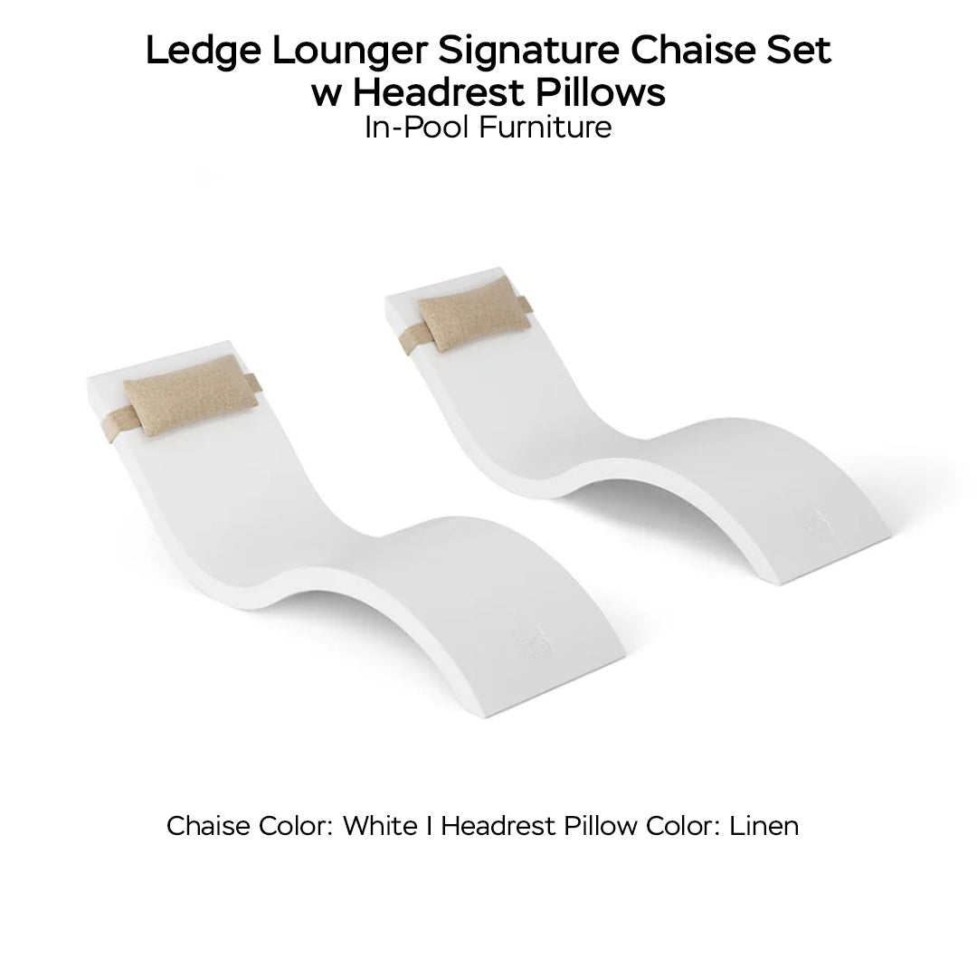 Ledge Lounger Signature Chaise Set w Headrest Pillows - Color White - Pillow Linen - In-Pool Furniture - Majestic Fountains