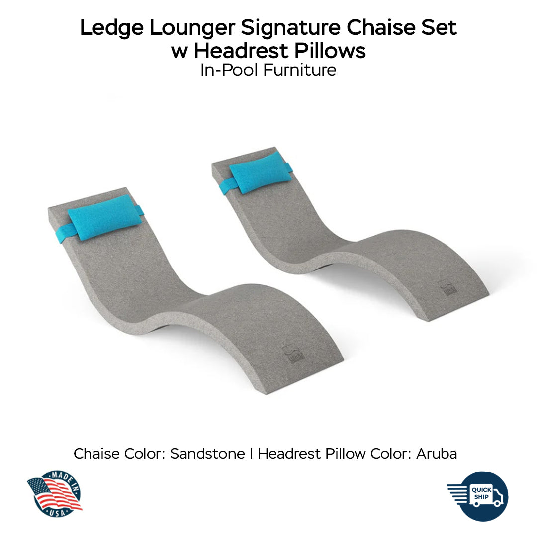 QUICKSHIP Ledge Lounger Signature Chaise Set w Headrest Pillows - Color Sandstone - Pillow Aruba - In-Pool Furniture - Majestic Fountains