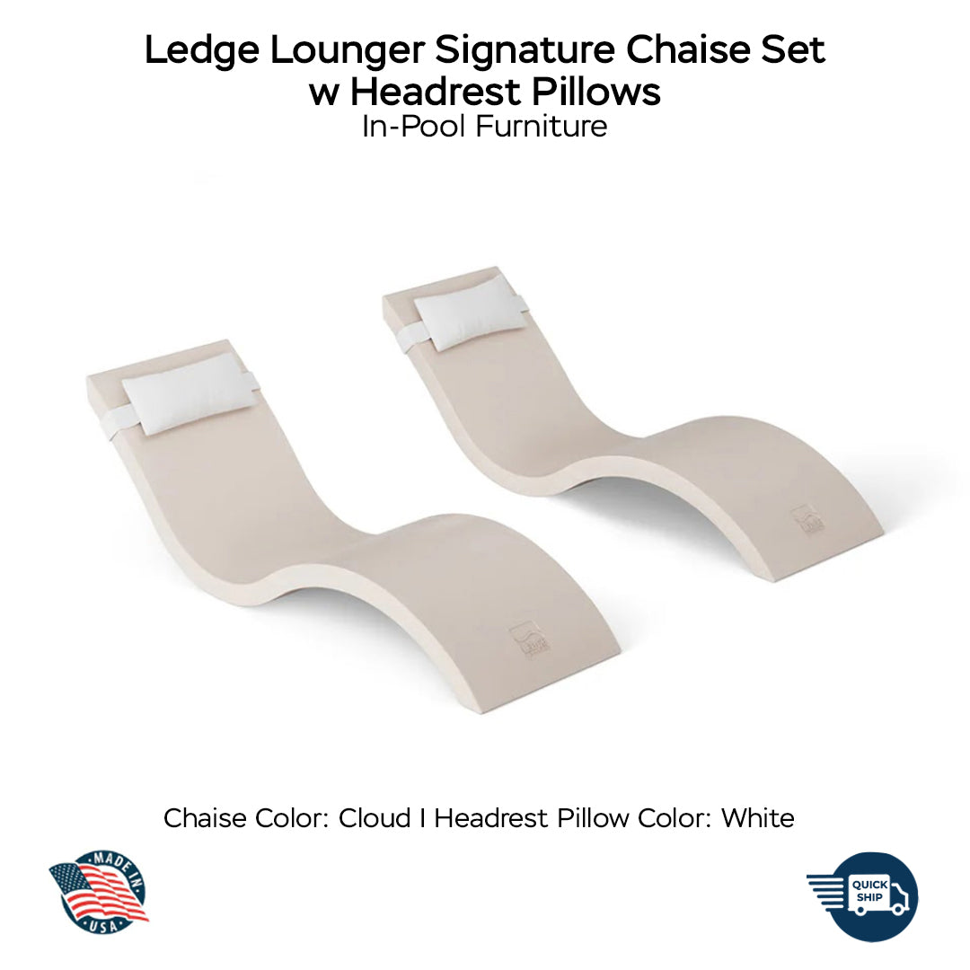 Ledge Lounger Signature Chaise Set w Headrest Pillows - Color Cloud - Pillow White - In-Pool Furniture - Majestic Fountains