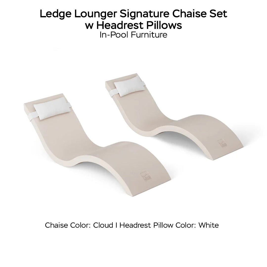 Ledge Lounger Signature Chaise Set w Headrest Pillows - Color Cloud - Pillow Linen - In-Pool Furniture - Majestic Fountains