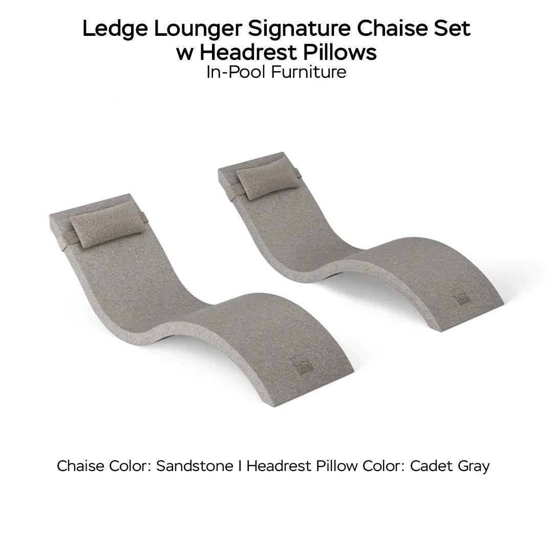 Ledge Lounger Signature Chaise Set w Headrest Pillows - Color Sandstone - Pillow Cadet Gray - In-Pool Furniture - Majestic Fountains