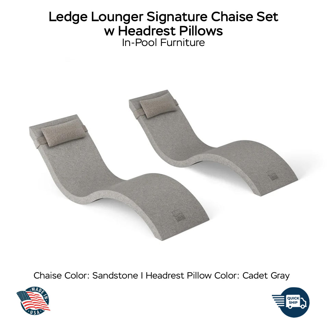 QUICKSHIP Ledge Lounger Signature Chaise Set w Headrest Pillows - Color Sandstone - Pillow Cadet Gray - In-Pool Furniture - Majestic Fountains