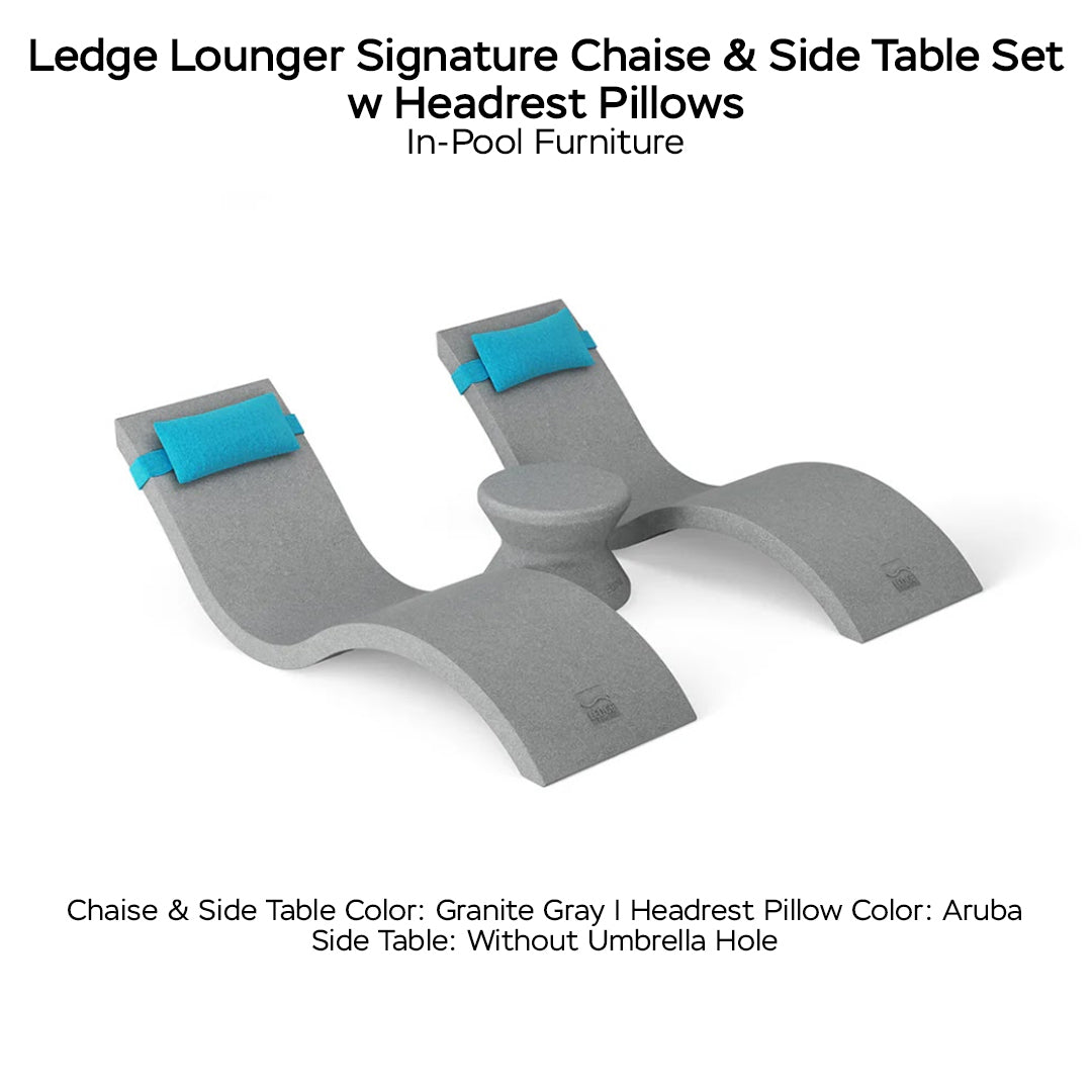 Ledge Lounger Signature Chaise & Side Table Set w Headrest Pillows Color Granite Gray -  Side Table Without Umbrella Hole - Headrest Pillow Color Aruba - In-Pool Furniture - Majestic 