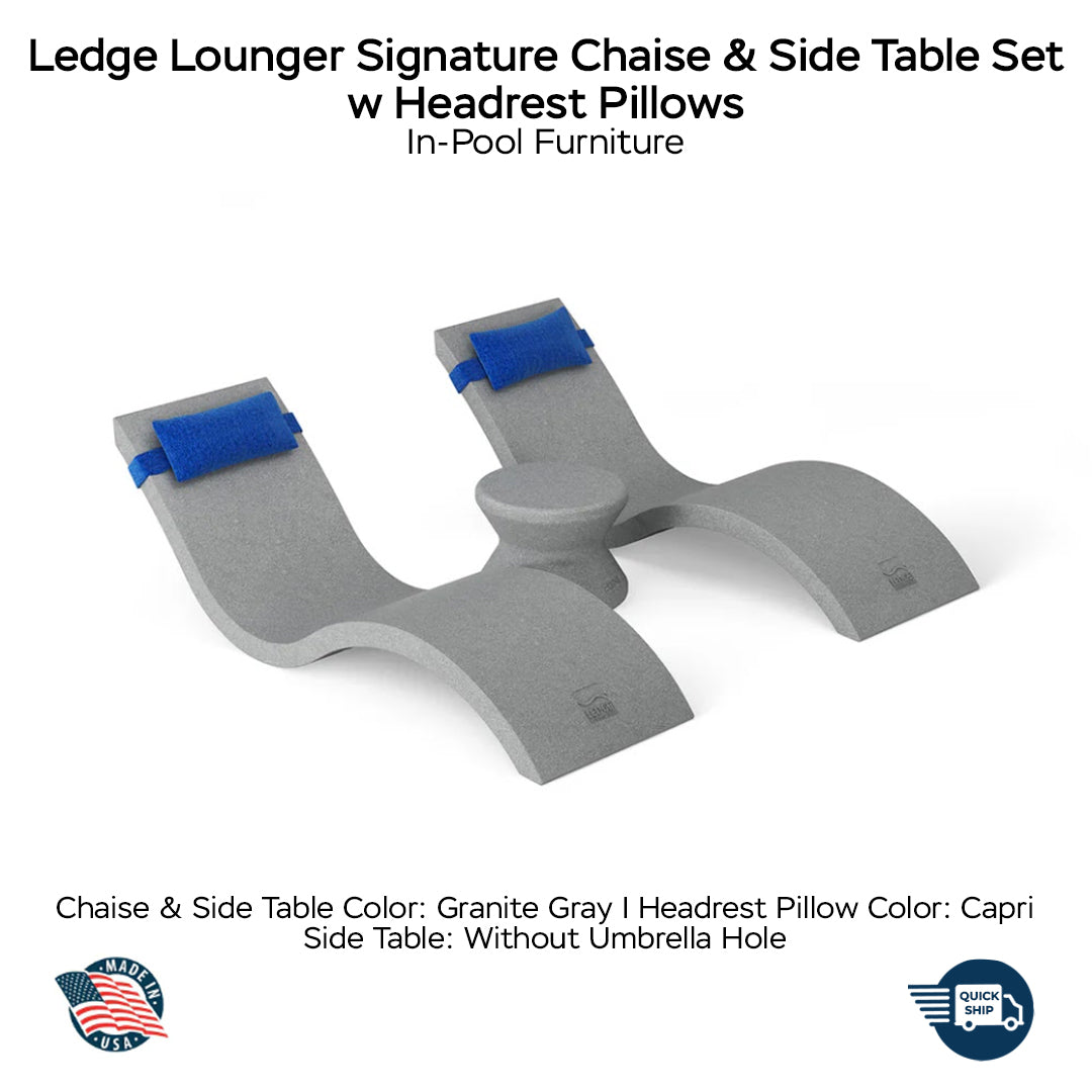 QUICKSHIP Ledge Lounger Signature Chaise & Side Table Set w Headrest Pillows Color Granite Gray -  Side Table Without Umbrella Hole - Headrest Pillow Color Capri - In-Pool Furniture - Majestic Fountains
