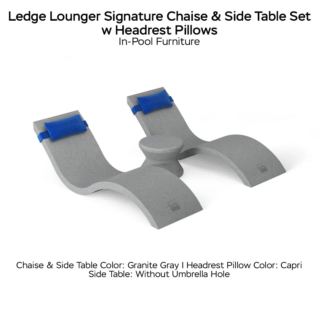 Ledge Lounger Signature Chaise & Side Table Set w Headrest Pillows Color Granite Gray -  Side Table Without Umbrella Hole - Headrest Pillow Color Capri - In-Pool Furniture - Majestic 