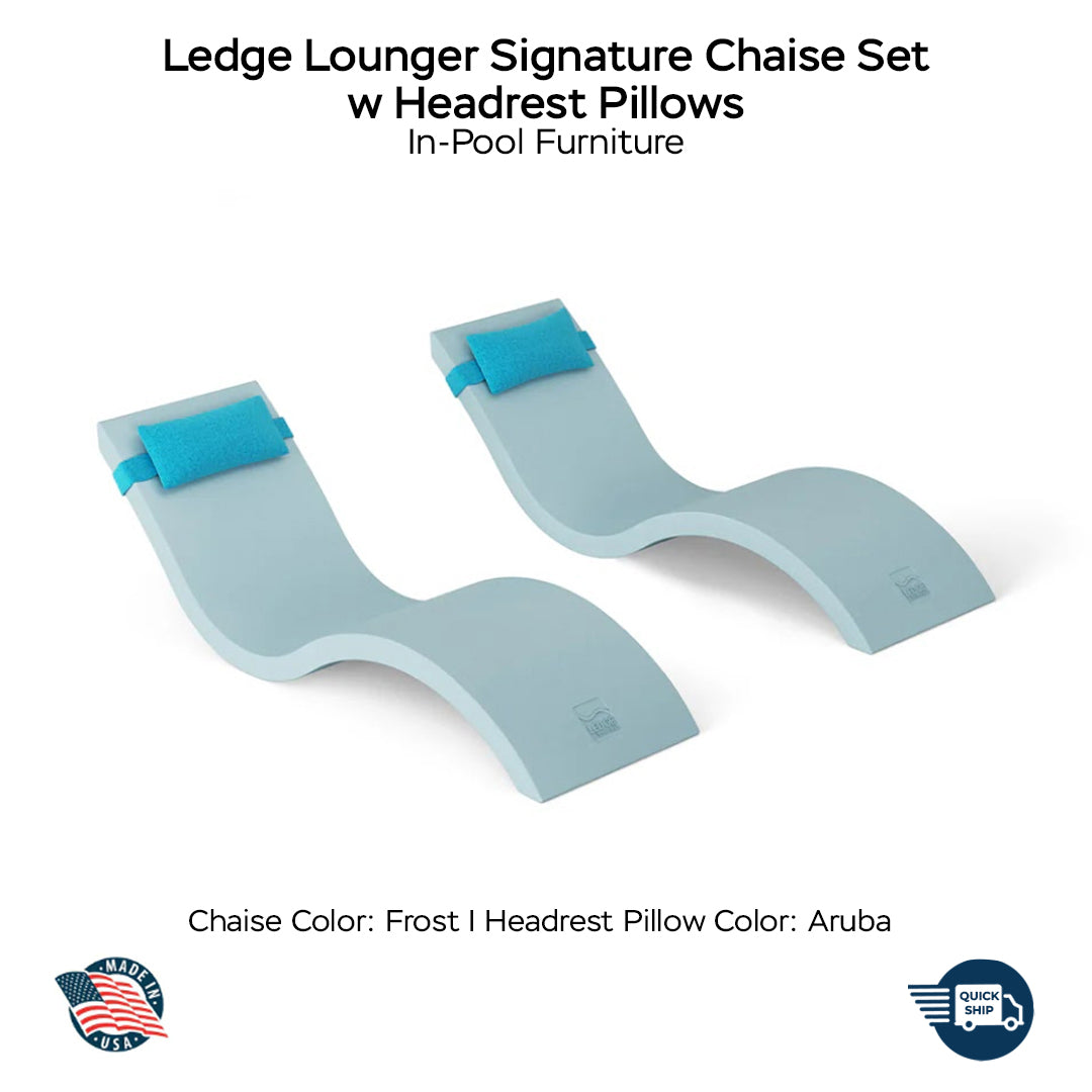 QUICKSHIP Ledge Lounger Signature Chaise Set w Headrest Pillows - Color Frost - Pillow Aruba - In-Pool Furniture - Majestic Fountains