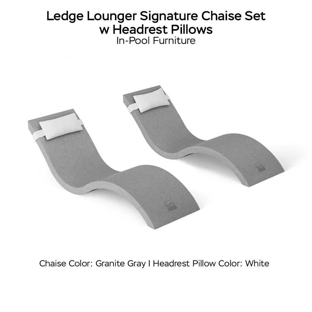 Ledge Lounger Signature Chaise Set w Headrest Pillows - Color Granite Gray - Pillow White - In-Pool Furniture - Majestic Fountains