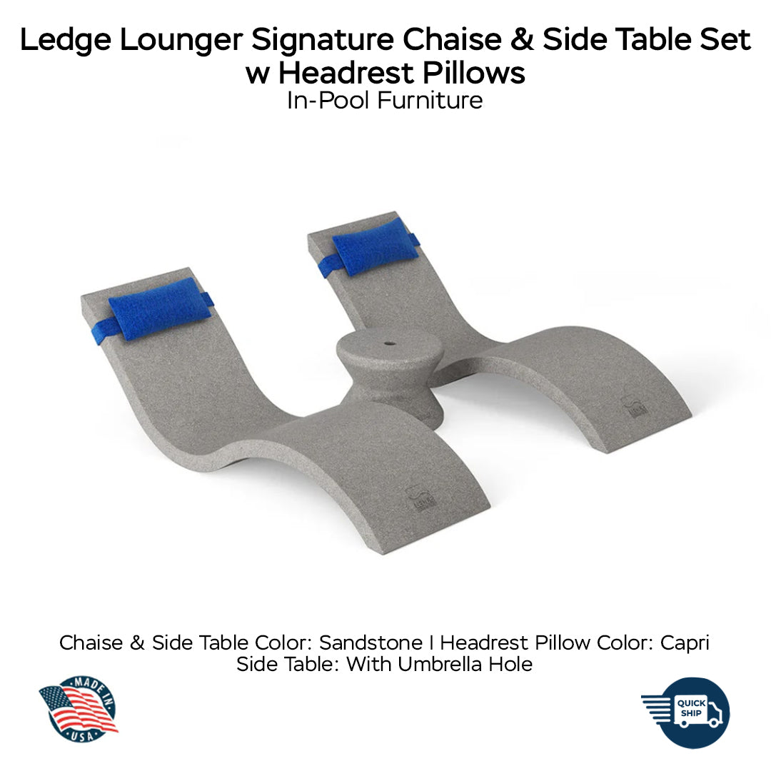 QUICKSHIP Ledge Lounger Signature Chaise & Side Table Set w Headrest Pillows Color Sandstone  -  Side Table With Umbrella Hole - Headrest Pillow Color Capri - In-Pool Furniture - Majestic Fountains