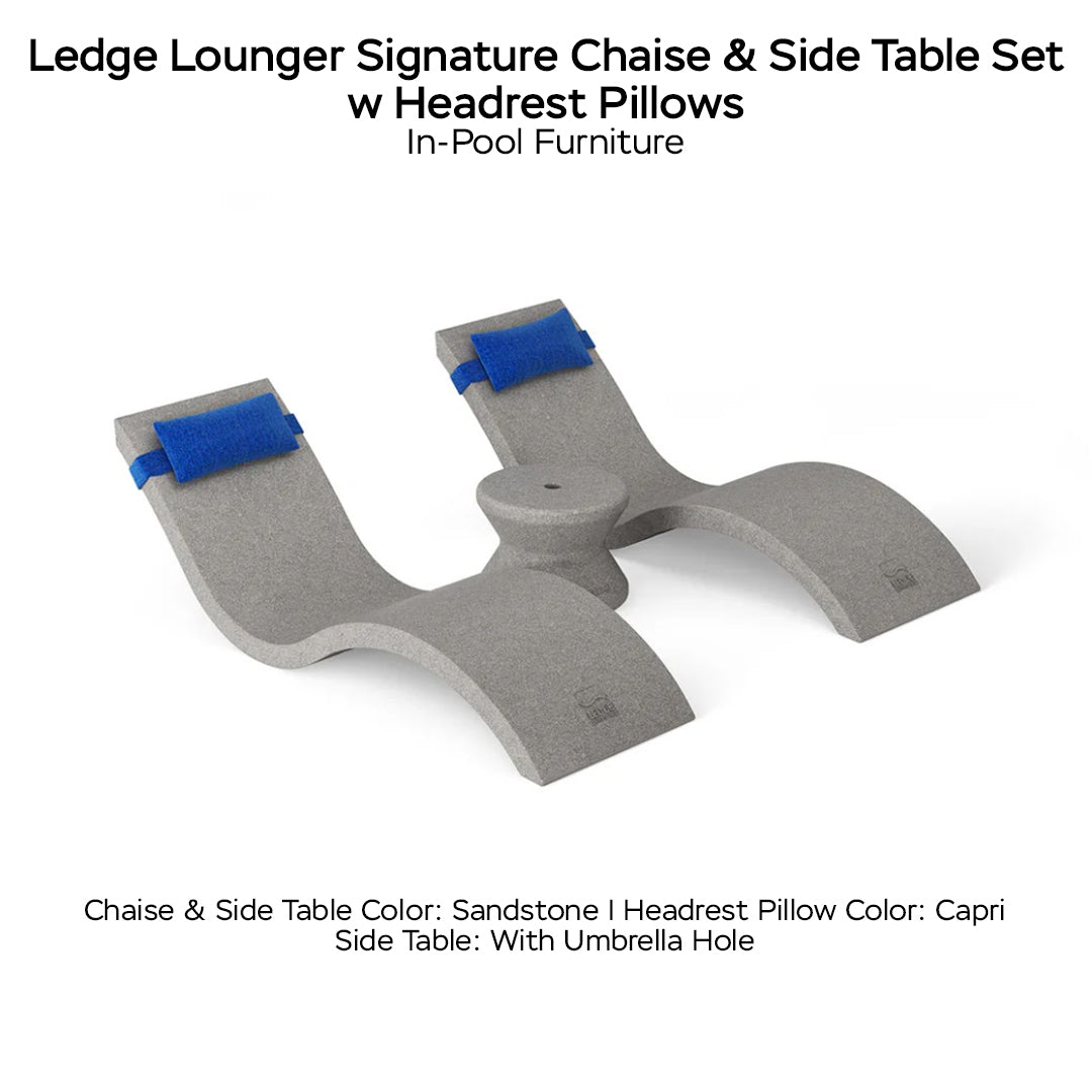 Ledge Lounger Signature Chaise & Side Table Set w Headrest Pillows Color Sandstone  -  Side Table With Umbrella Hole - Headrest Pillow Color Capri - In-Pool Furniture - Majestic 