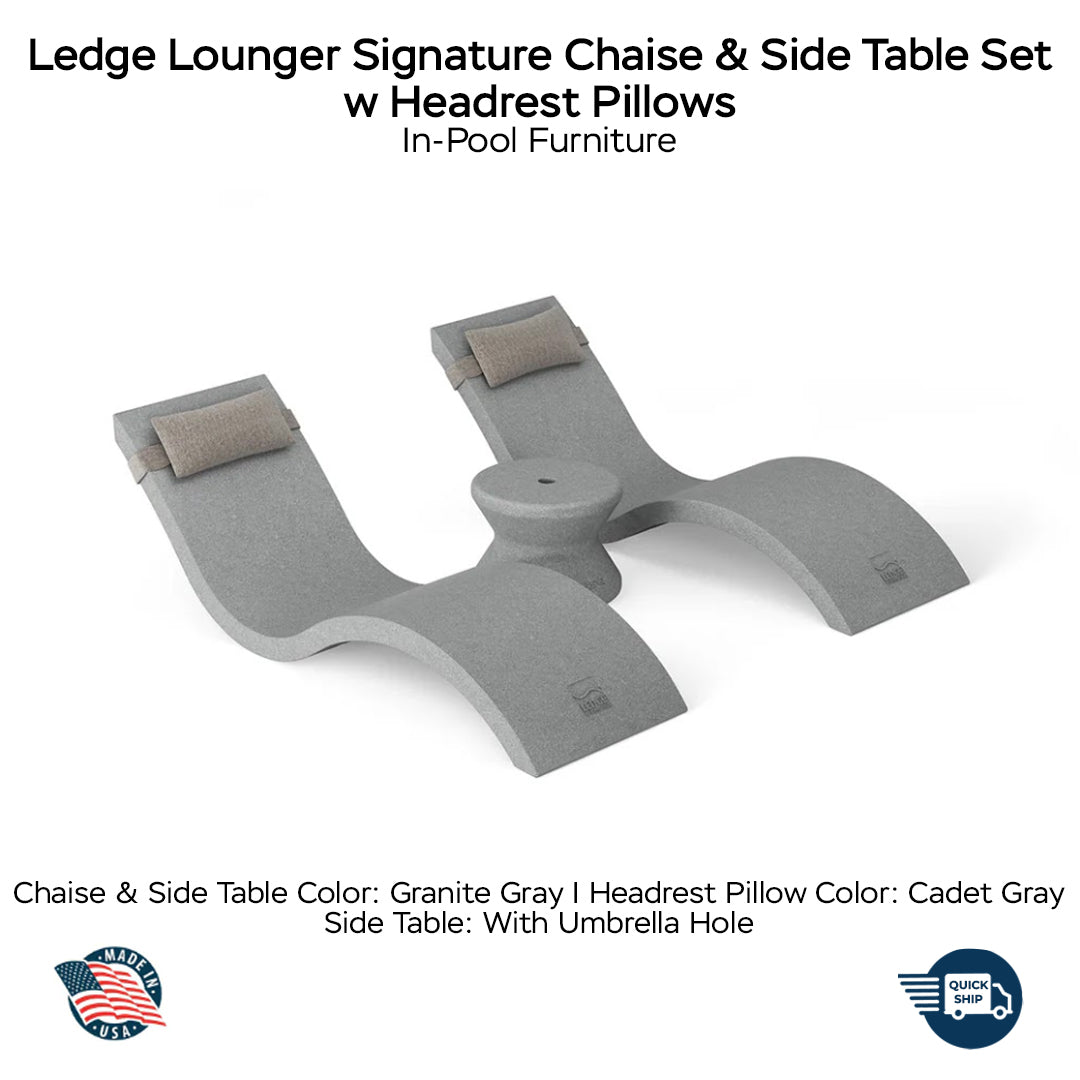 QUICKSHIP Ledge Lounger Signature Chaise & Side Table Set w Headrest Pillows Color Granite Gray -  Side Table With Umbrella Hole - Headrest Pillow Color Cadet Gray - In-Pool Furniture - Majestic Fountains
