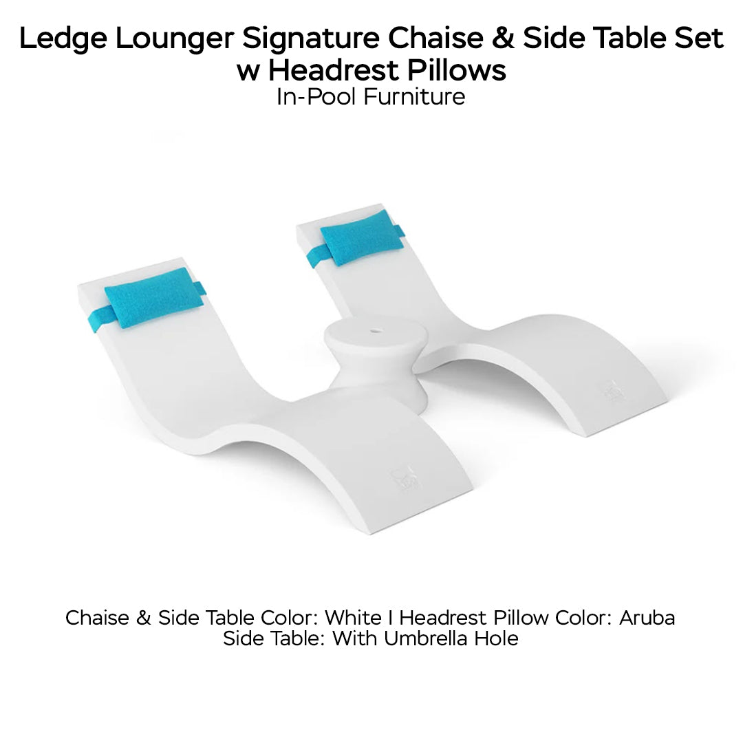 Ledge Lounger Signature Chaise & Side Table Set w Headrest Pillows Color White -  Side Table With Umbrella Hole - Headrest Pillow Color Aruba - In-Pool Furniture - Majestic Fountains
