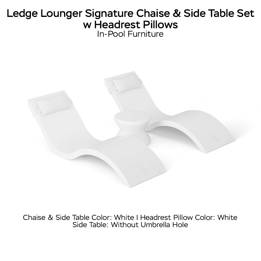 Ledge Lounger Signature Chaise & Side Table Set w Headrest Pillows Color White -  Side Table Without Umbrella Hole - Headrest Pillow Color White - In-Pool Furniture - Majestic Fountains