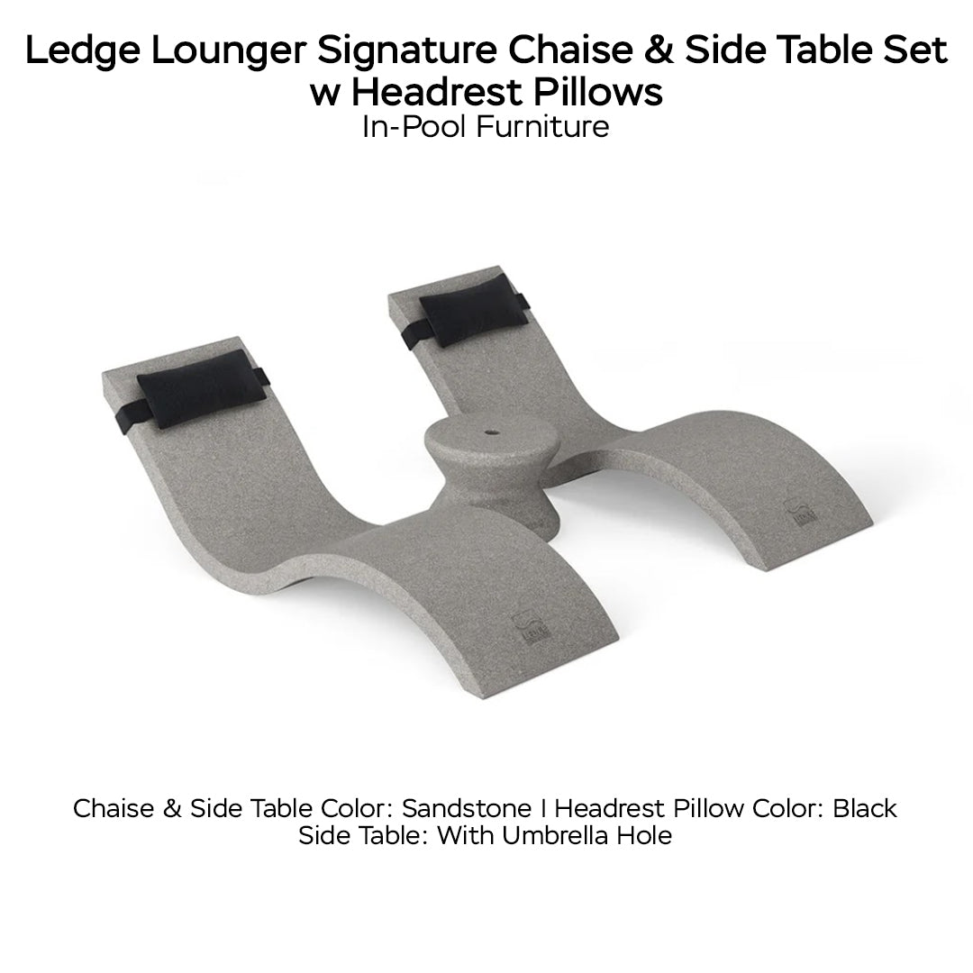 Ledge Lounger Signature Chaise & Side Table Set w Headrest Pillows Color Sandstone  -  Side Table With Umbrella Hole - Headrest Pillow Color Black - In-Pool Furniture - Majestic 