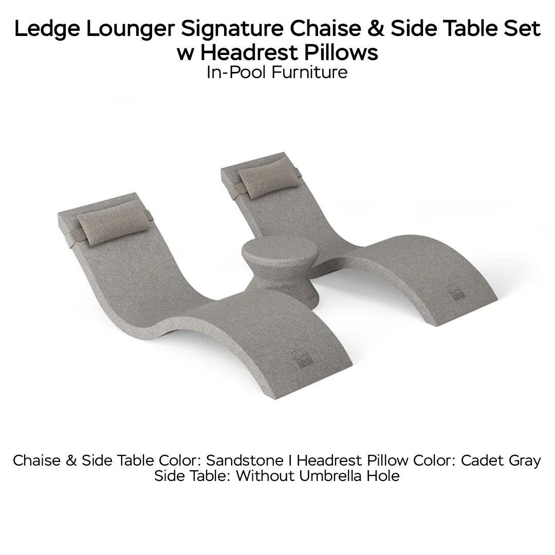 Ledge Lounger Signature Chaise & Side Table Set w Headrest Pillows Color Sandstone  -  Side Table Without Umbrella Hole - Headrest Pillow Color Cadet Gray - In-Pool Furniture - Majestic 