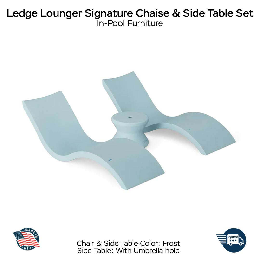 QUICKSHIP Ledge Lounger Signature Chaise & Side Table Set Color Frost - Side Table With Umbrella Hole - In-Pool Furniture - Majestic Fountains